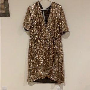 Sequin kimono sleeve wrap dress in gold